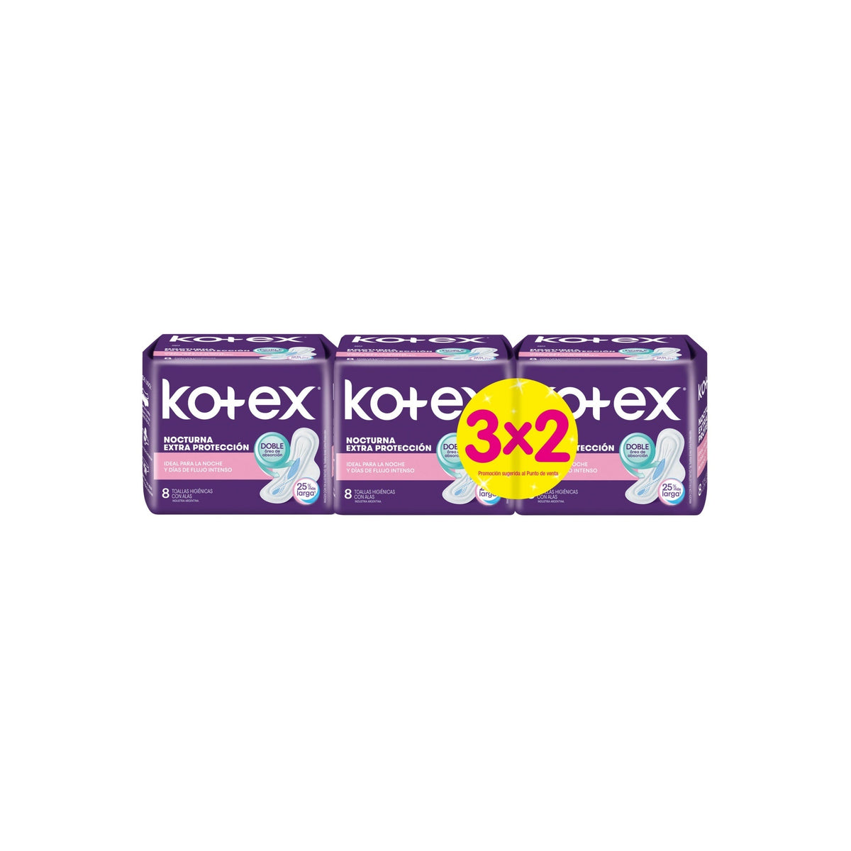 Kotex Nocturna Con Alas 3 Paquetes De 8 Unidades Cada Uno
