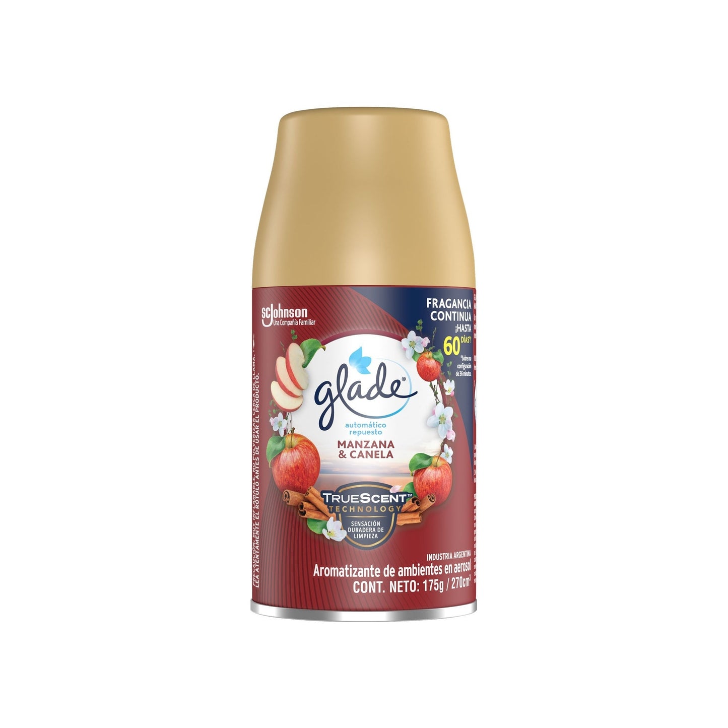 Aromatizante Glade Automático Mazana y Canela Repuesto Aerosol 60 Días 270 Cc
