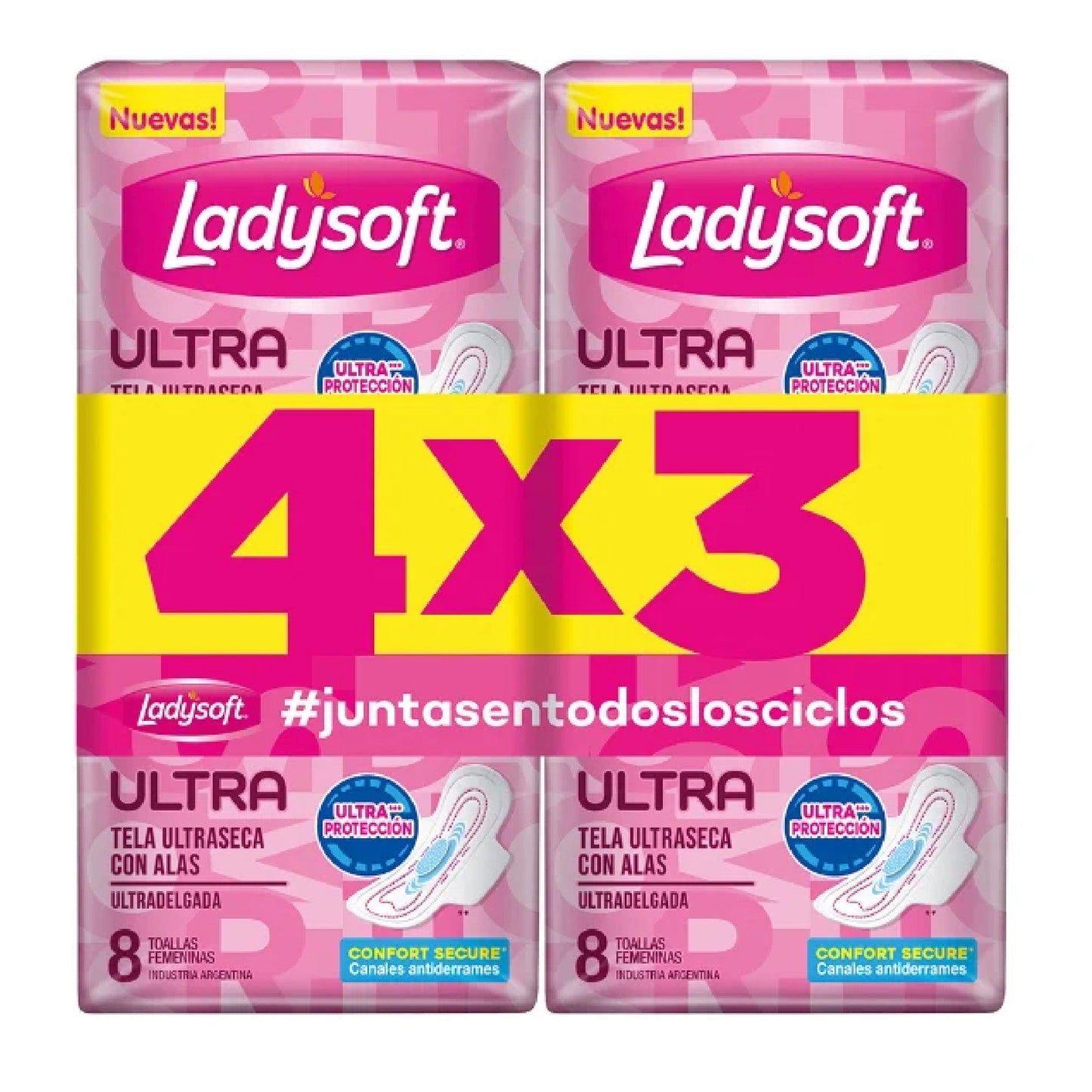Toallas Femeninas Ladysoft Ultra Delgada Ultra Seca Con Alas 4 Paquetes de 8 Unidades Cada Uno