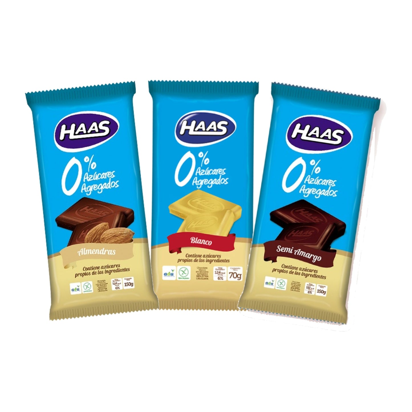Chocolate Haas Sin Azucar 3 Tabletas 1 Semi Amargo 1 Blanco 1 Almendras 150 G Cada Unidad