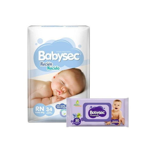 Pañal Babysec Super Premium Recién Nacido 34 Unidades Hasta 4 Kg + Toallas Húmedas