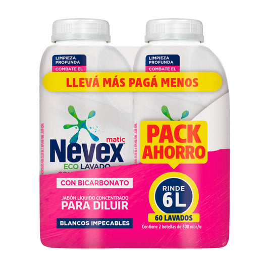 Jabón Líquido Con Bicarbonato Para Ropa Nevex Para Diluir Pack Ahorro 2 Unidades 500 Ml Cada Unidad Rinde 6 L En Total