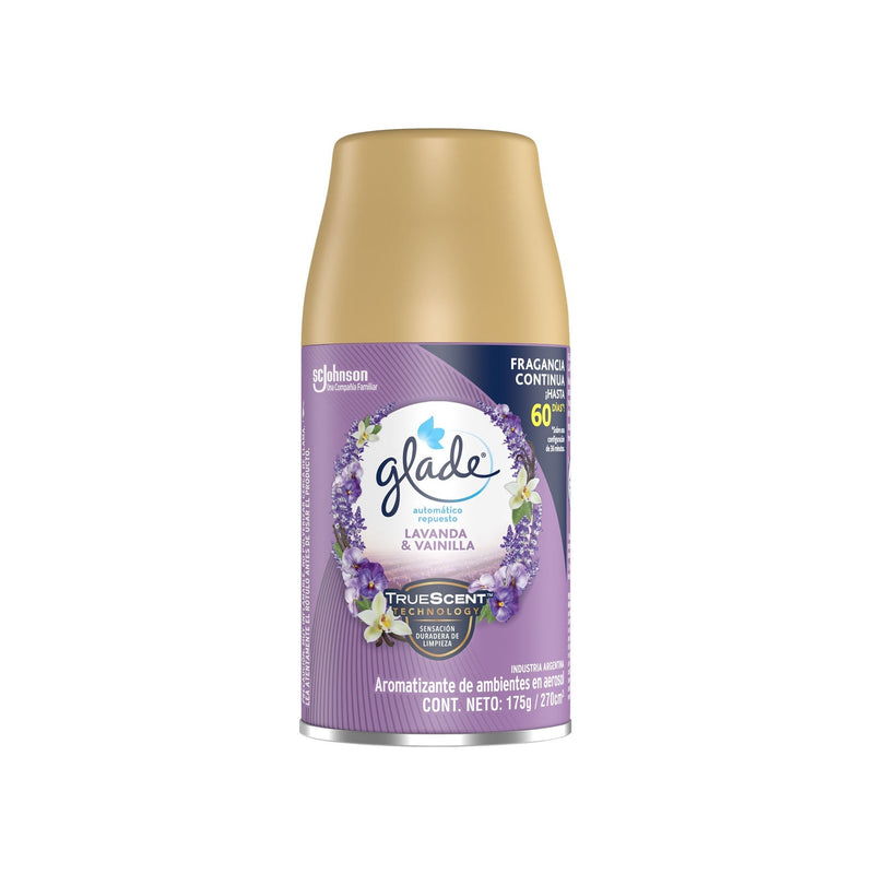 Aromatizante Glade Automático Lavanda Y Vainilla Repuesto Aerosol 60 Días 270 Cc