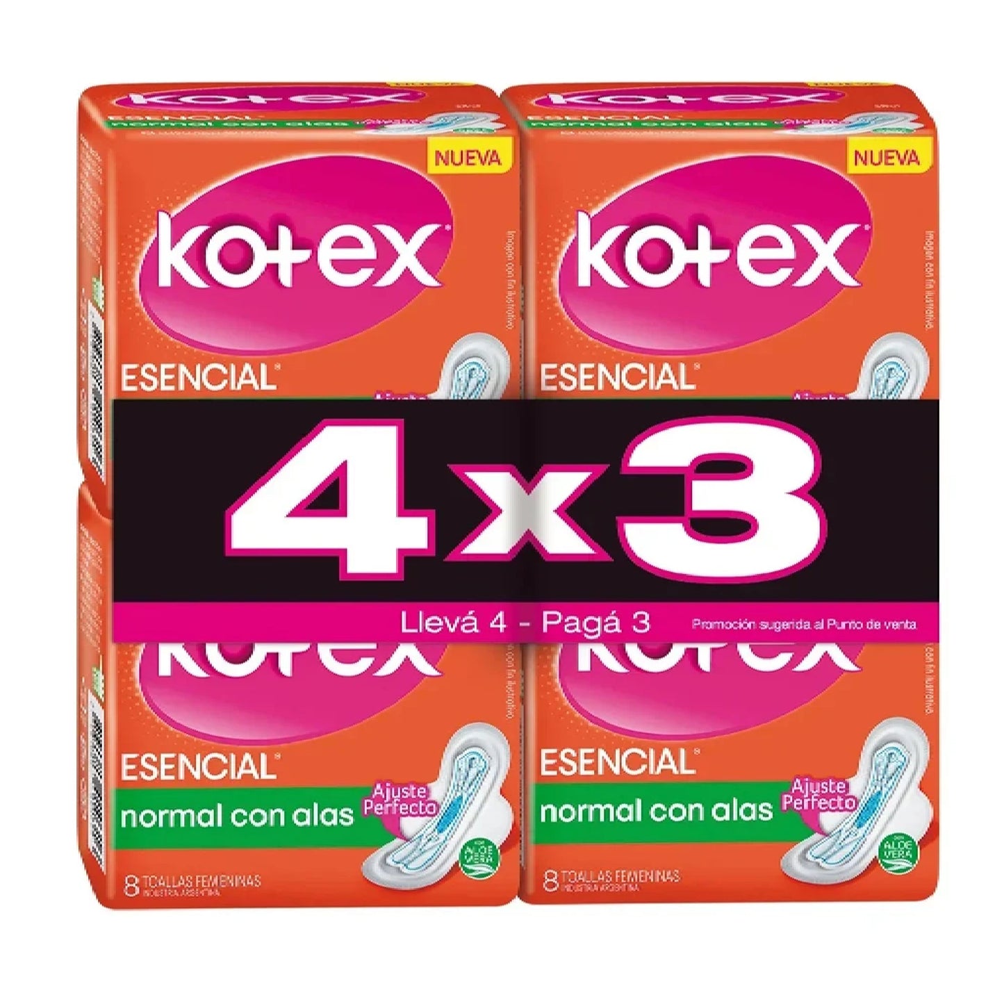 Toalla Femenina Kotex Esencial Con Alas 4 Paquetes De 8 Unidades Cada Uno