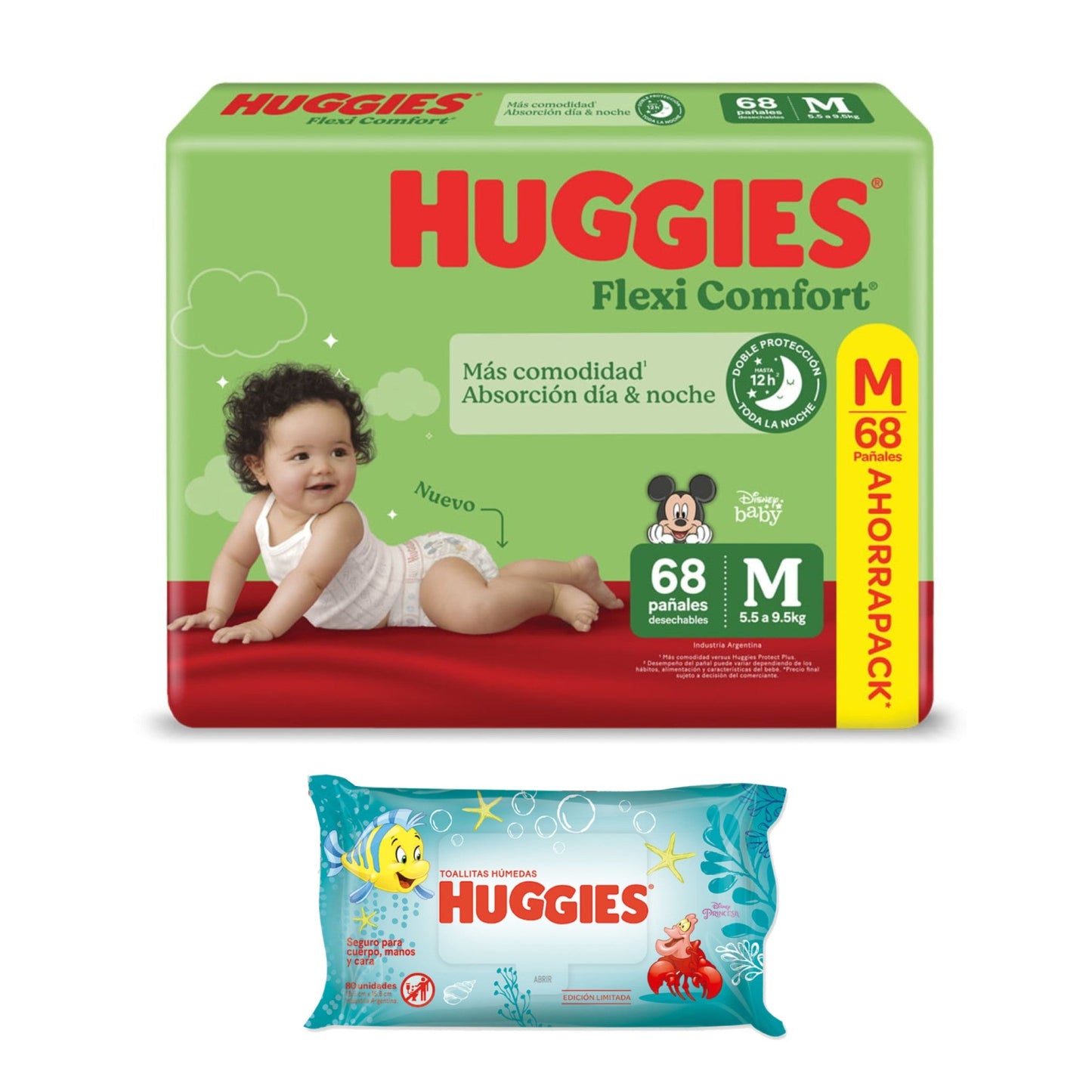 Pañal Huggies Flexi Comfort M 68 Unidades + Toallitas Humedas 48 Unidades