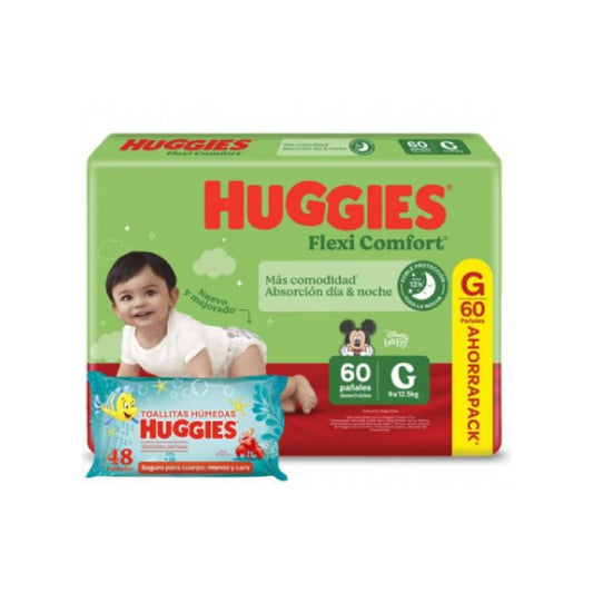 Pañal Huggies Flexi Comfort G 60 Unidades + Toallas Húmedas 48 Unidades