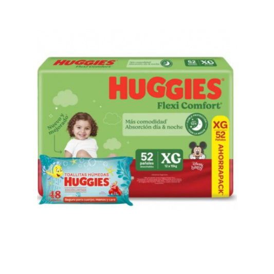 Pañal Huggies Flexi Comfort Xg 52 Unidades + Toallas Humedas 48 Unidades