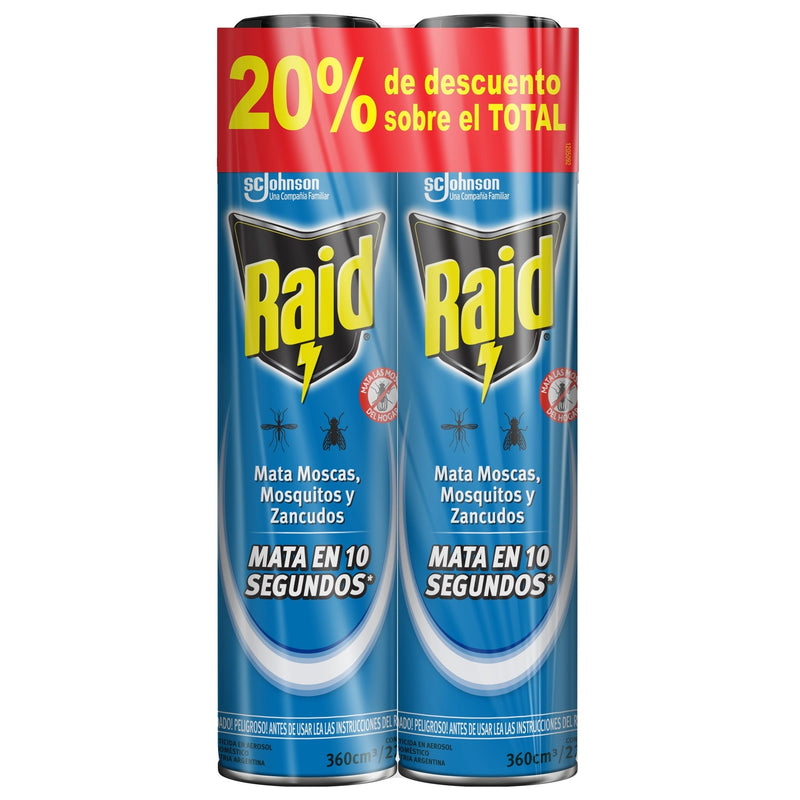 Raid Aerosol 2 Unidades Con 20% Descuento Mata Moscas Mosquitos Y Zancudos 360 Cc Cada Unidad