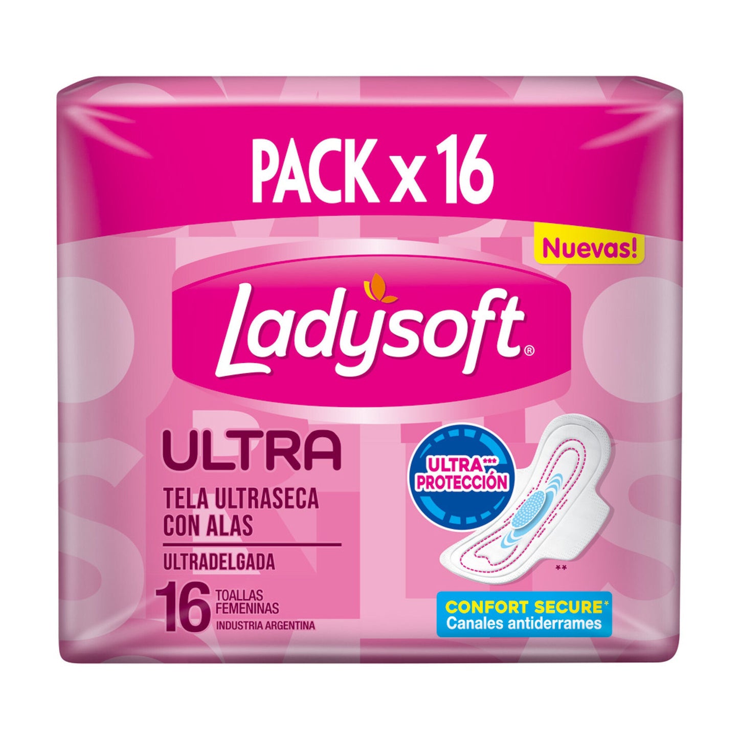 Toalla Femenina Ladysoft Ultra Protec Ultra Delgada Tela Seca Con Alas 16 Unidades