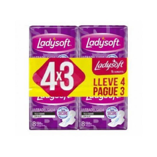 Toalla Ladysoft Ultra Delgada Tela Suave 4 Paquetes de 8 Unidades Cada Uno