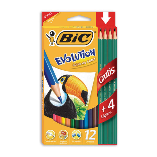 Lapiz De Color Bic Evolution X 12 Largos + 4 Grafitos Gratis