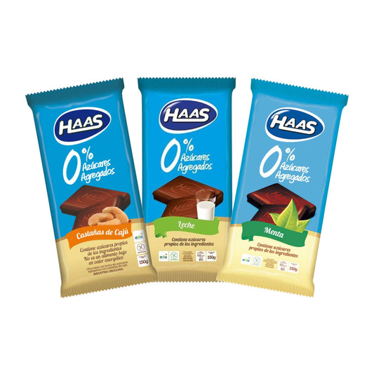 Chocolate Haas Sin Azucar 3 Tabletas 1 De Leche 1 De Menta 1 De Castañas De Caju 150 G Cada Unidad